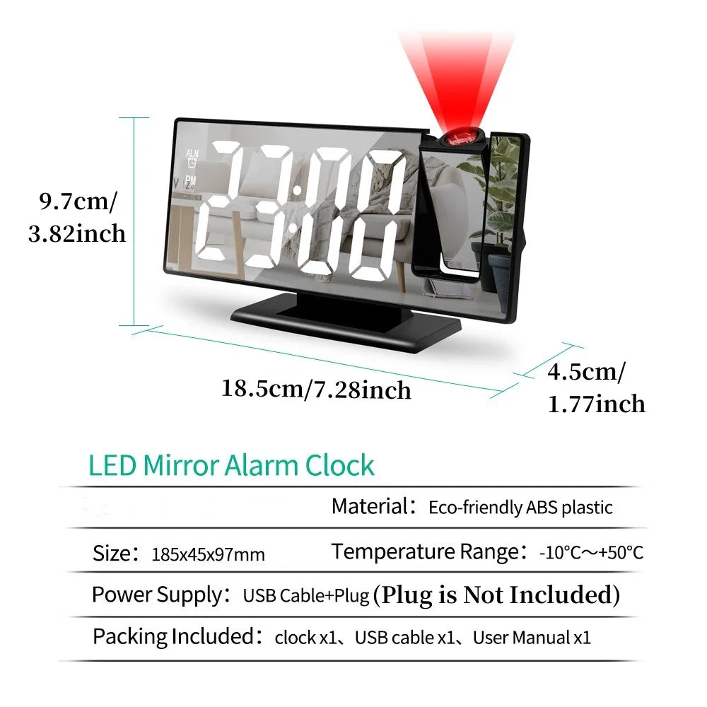 180° Arm Projection Alarm Clock with Time Temperature Digital Alarm Clock Snooze Table Clock 12/24H USB Projector LED Clock